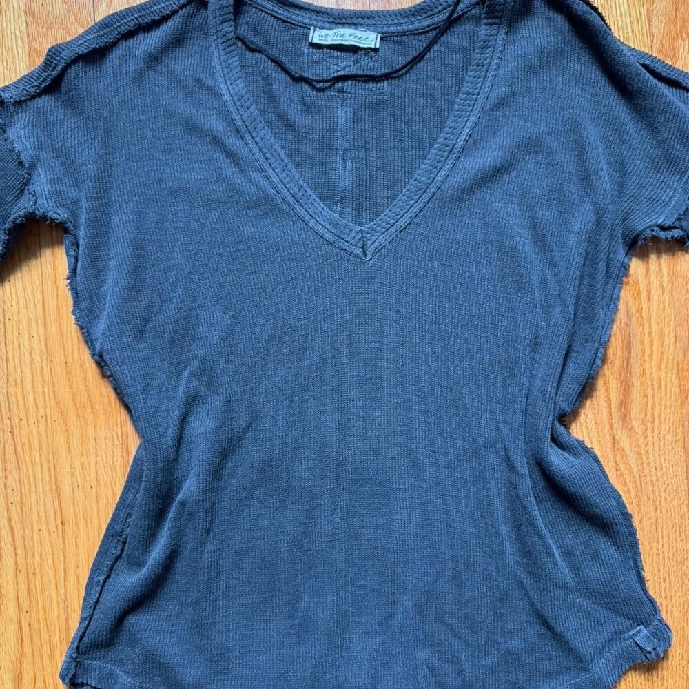 Free People Black V-Neck Top distressed frayed patched (sweater/long sleeve)